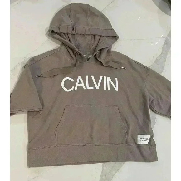 Calvin Klein Tops - Calvin Klein Logo Cropped Performance Short Sleeve Hoodie Women’s Size Small